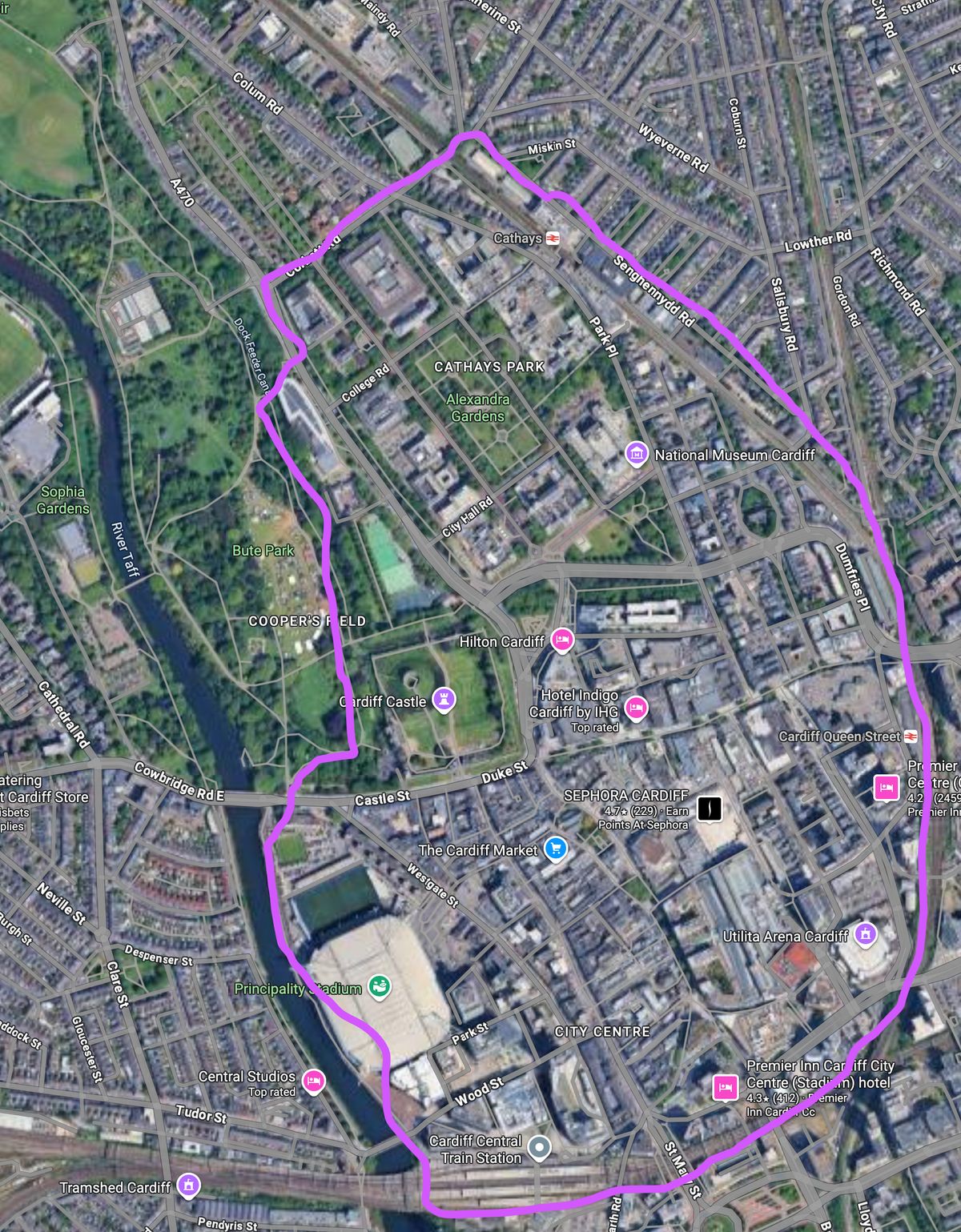 Map of the permitted hunting grounds, centred on Cardiff University